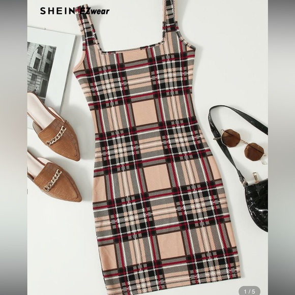 SHEIN Beige and Black Checkered Mini Dress - Picture 1 of 6